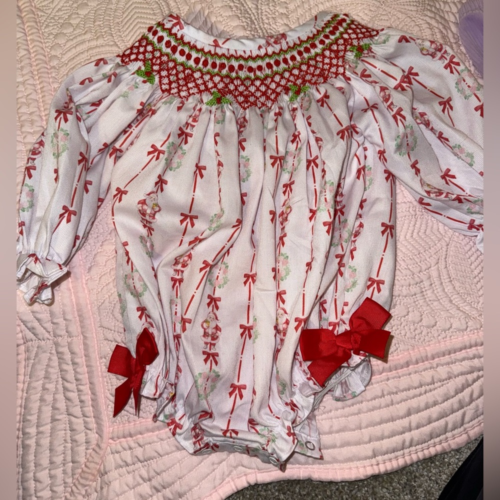 Red and White Smocked Baby Bodysuit